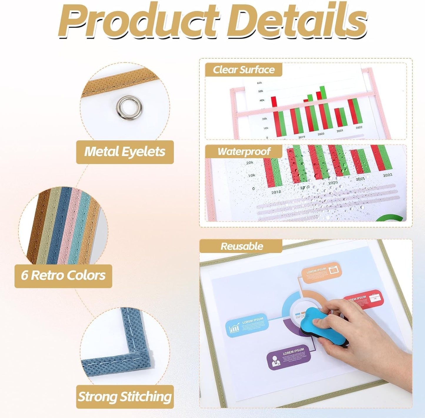 12 Pack Dry Erase Pockets 6 Assorted Colors 8.5 x 11 Inch Clear Plastic Sheet Protectors Dry Erase Pocket Sleeves Teacher School Office Supplies (Vintage)