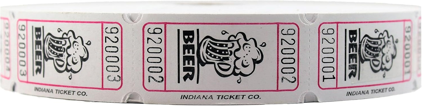 INDIANA TICKET CO. 2,000 White Beer Tickets – Raffle & Event Ticket Roll Perfect for Fundraisers, Prize Drawings, Door Entry, Parties, Drink/Food Tickets & More (4-Color Selection)