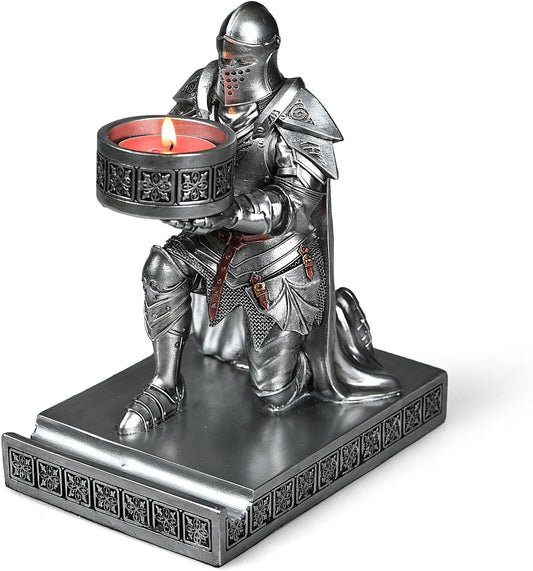 King's Guard Kneeling Knight Candlestick Holders Resin Posture TeaLight Holder Warrior Mobile Phone Stand Pen Holder Candle Holder for Restaurant, Altar, Home Table(Silver)