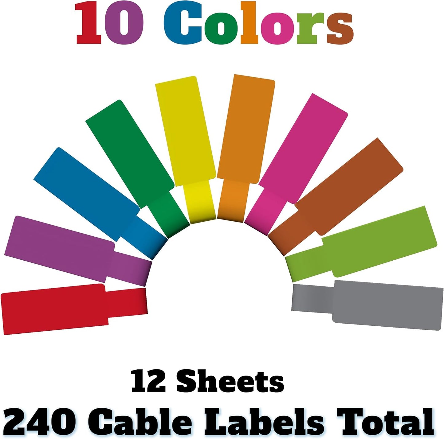 Kenco Cable Labels - 240 Labels 12 Sheets, 10 Colors Waterproof Cord Labels - Write on Stickers Tear and Liquid Resistant for Color Coding and Identification -Made in The USA (960 Labels)