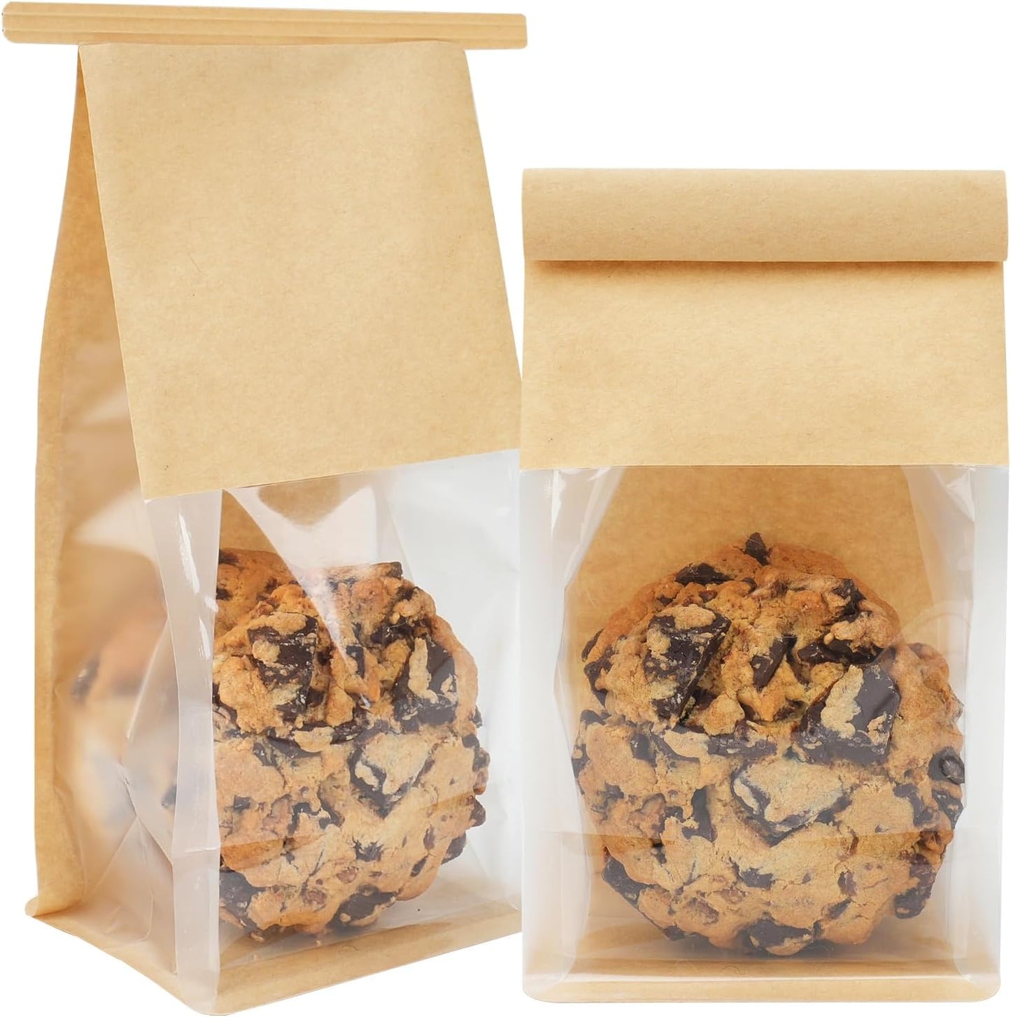 100 Pack Small Bakery Bags with Window, 3.9x3.1x8.2 Inches Tin Tie Tab Lock Cookie Packaging Bag Resealable Paper Treat Bags for Homemade Granola, Popcorn, Candies, Goodies