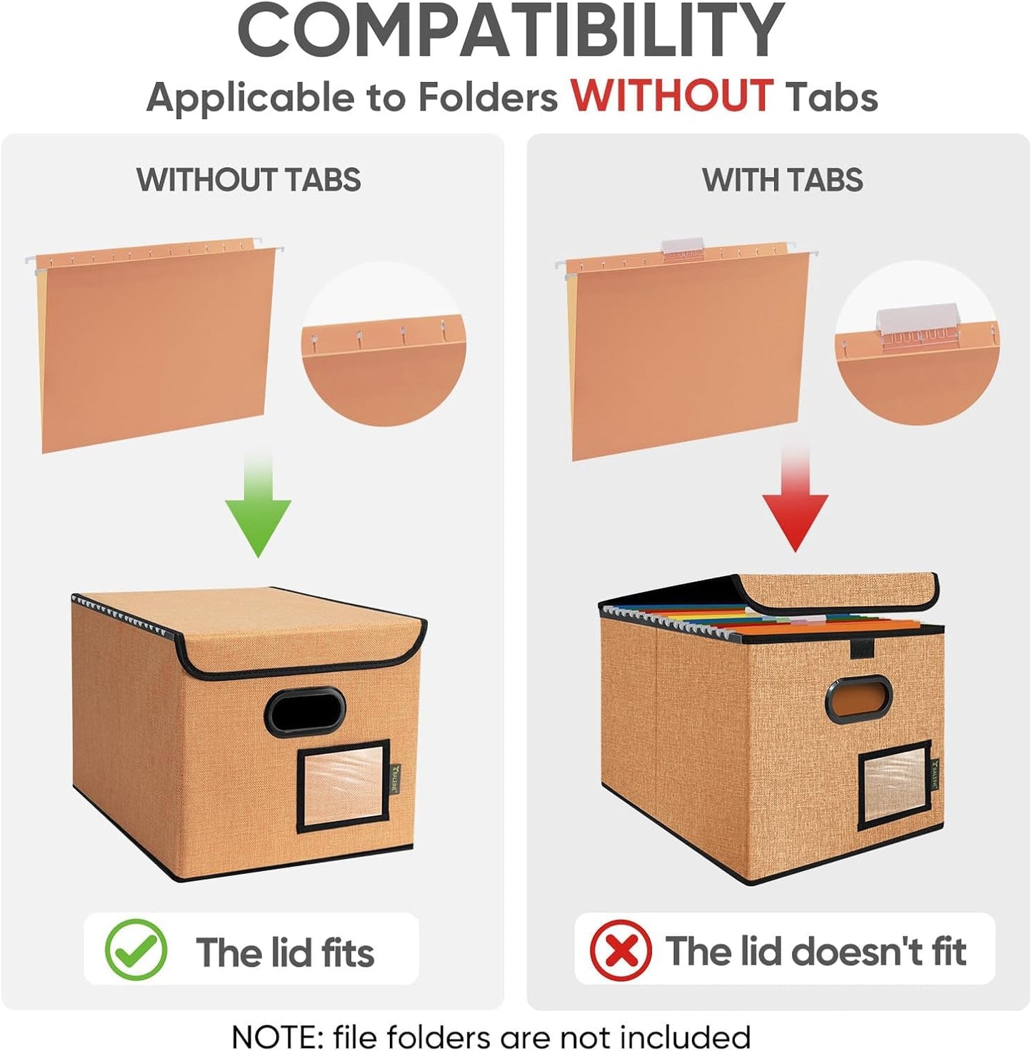 BALEINE File Organizer Box with Lid, Collapsible File Folder Organizer with Plastic Slide, Hanging File Folder Box for Office Document Storage (2 Pack, Orange)