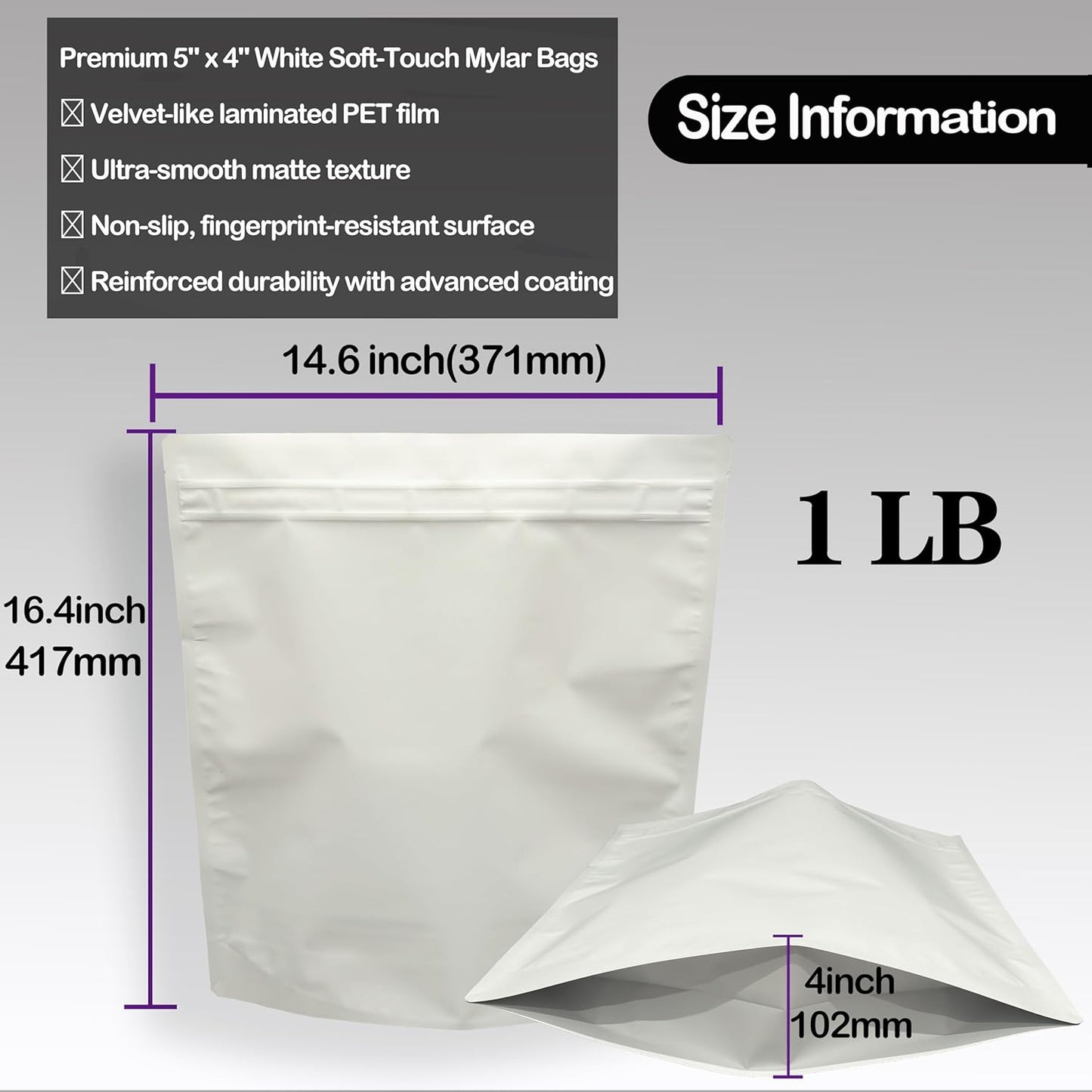 20 Pack Big Soft-Touch Mylar Bags, 14.6 x 16.4 inchs Premium Smell Proof Bag with Double-sided Matte White ，Resealable Food Storage Aluminum Foil Stand-up Packaging Bags. (1 LB / 1 Pound)