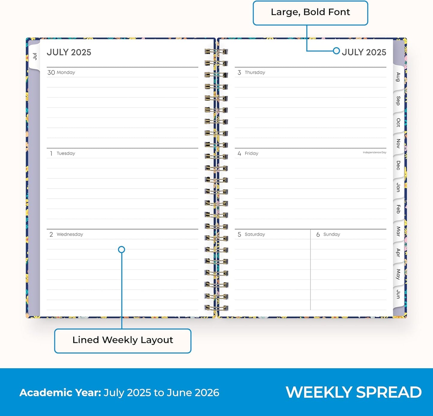 Blue Sky 2025-2026 Academic Year Weekly and Monthly Planner Calendar, July 2025 - June 2026, 12-Month, 5" x 8", Hard Cover, Wirebound, Storage Pocket, Laminated Tabs, Stickers, Becky