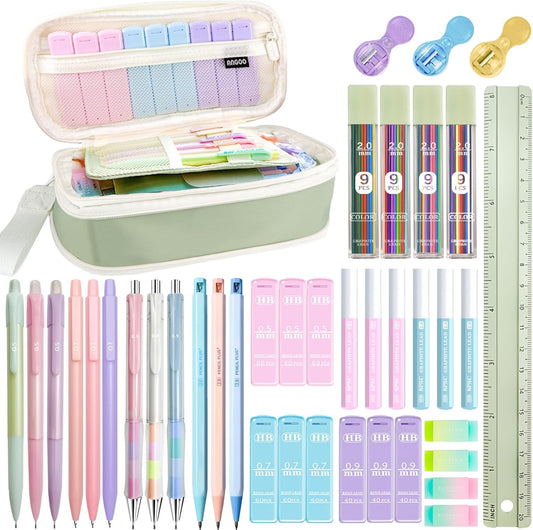 42PCS Mechanical Pencil Set with Cute Pencil Case ,12X Pastel Mechanical Pencil 0.5mm, 0.7mm, 0.9mm & 2.0mm with 564X HB Leads Student Stationary Set for Writing Drawing Ideal Study Essentials (Green)