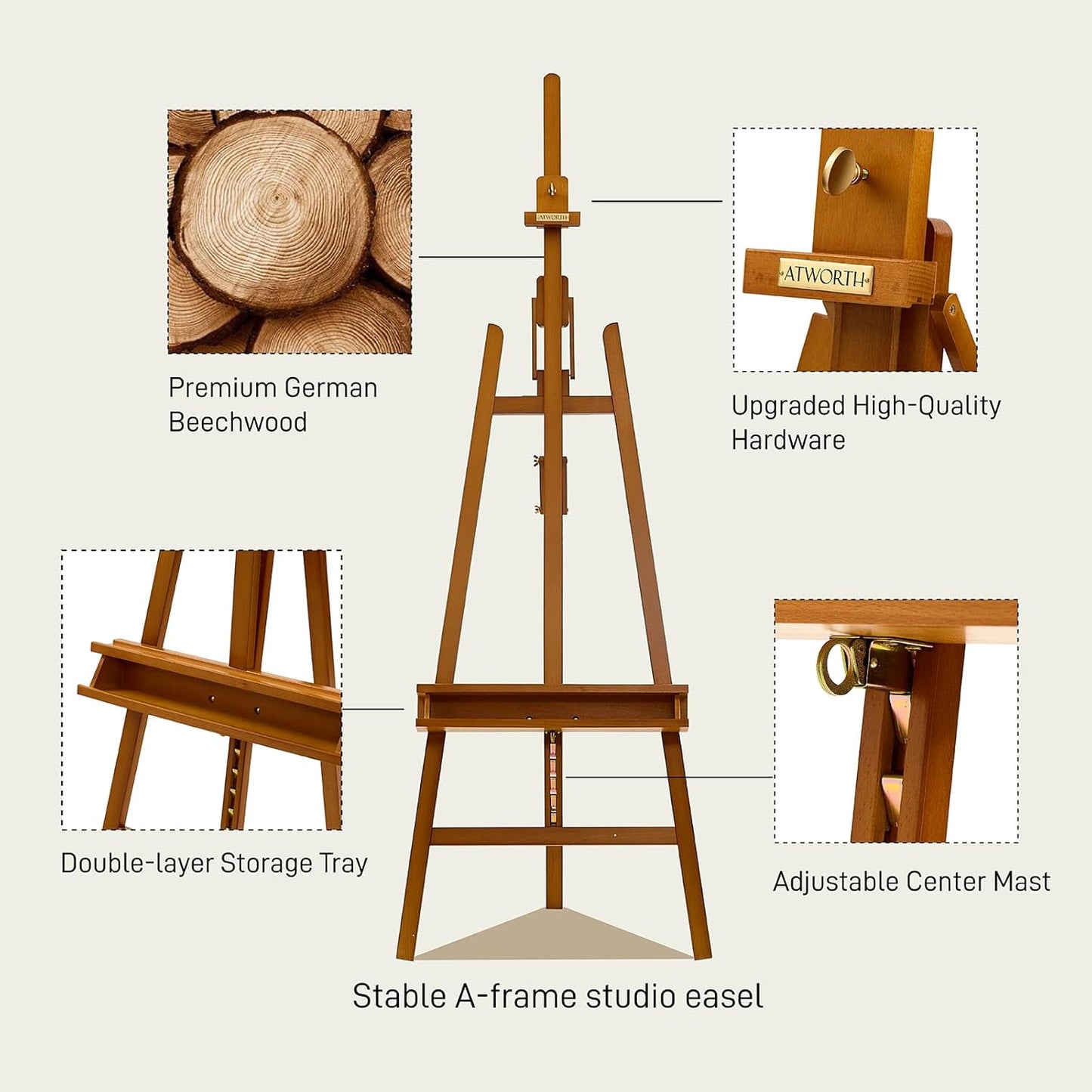 ATWORTH Studio Art Easel, Solid Beech Wood Artist Easel,Hold Canvas up to 48”, Adjustable A-Frame Lyre Style Painting Easel Stand with Storage Tray, Light Teak