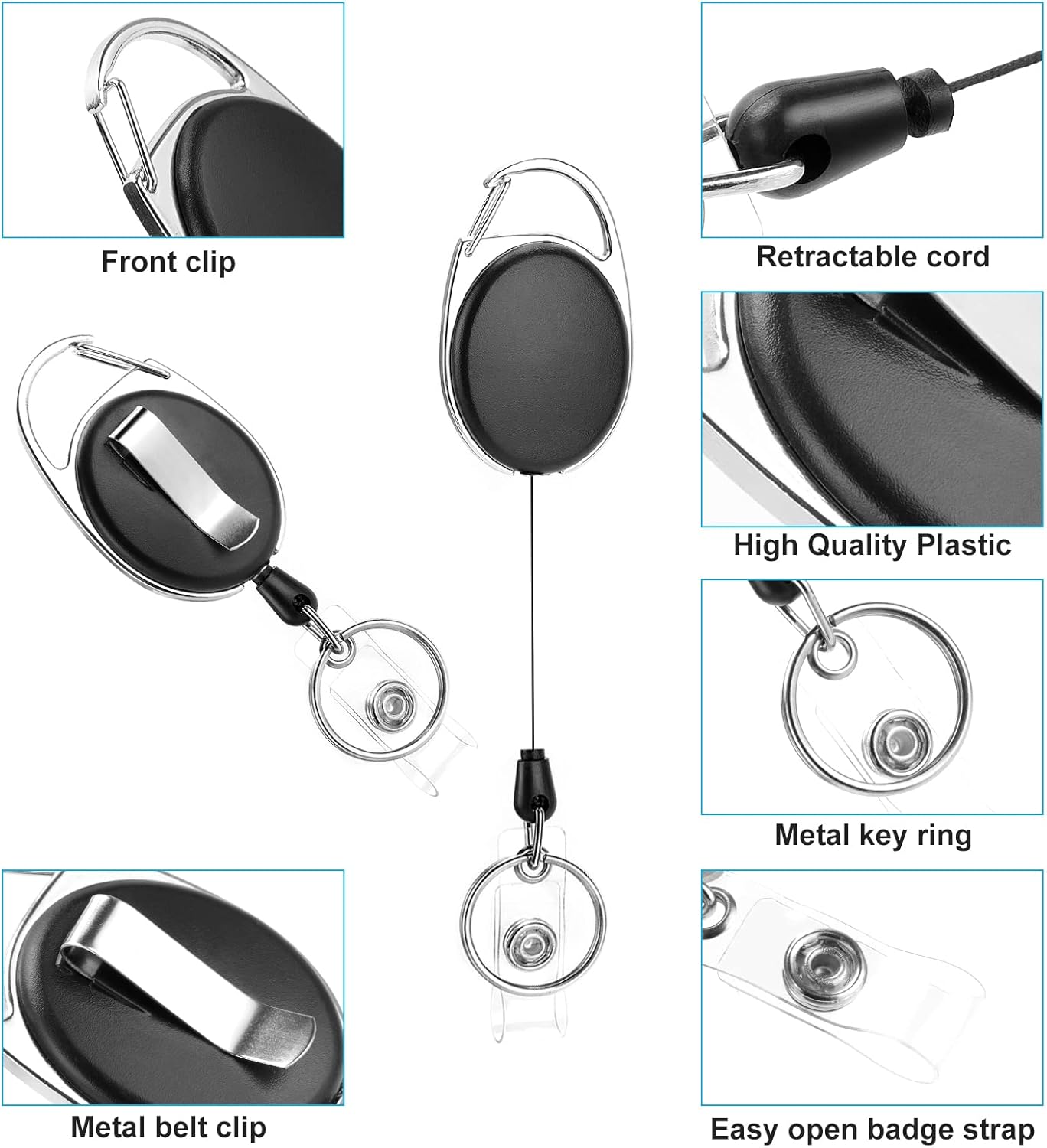 10 Pack Retractable Badge Reel with Carabiner Belt Clip and Key Ring Retractable ID Badge Holders for Office Worker Doctor Nurse