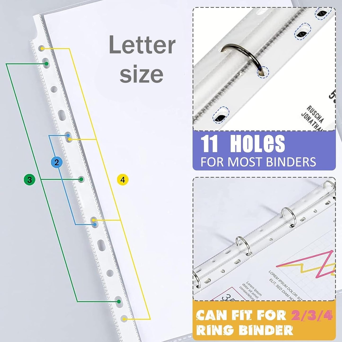 3 Set of 24 Pack Sheet Protectors 8.5 x 11 Inch, Letter Size Sleeves Binder Index, Dividers Pocket for 2/3/4 Ring Binder Dividers with 8 Tabs, Clear Page Protectors Organizer for School Home Office