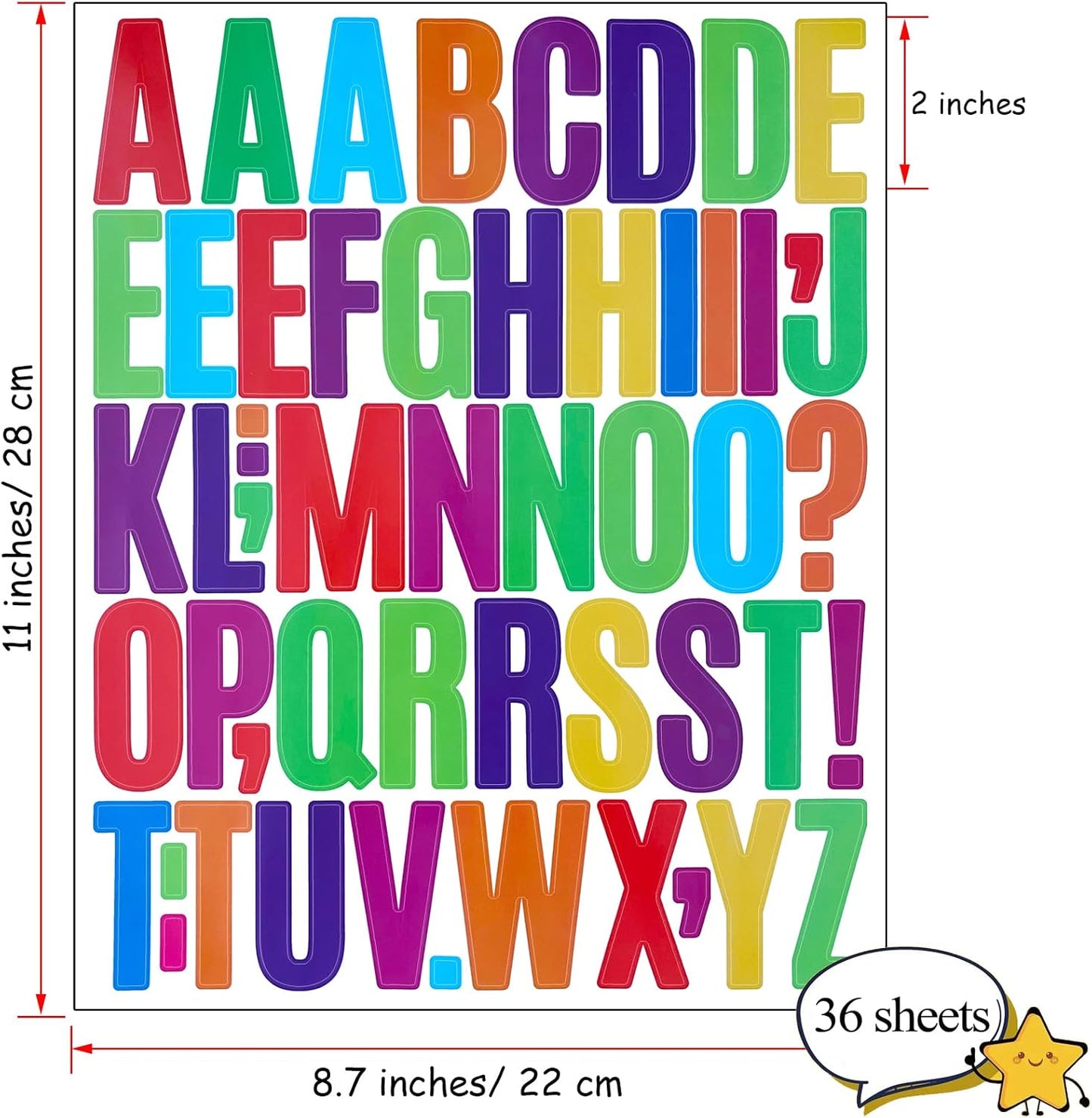 Bemeol 1872 Pieces Letter Stickers 36 Sheets 2 Inch Alphabet Letter Stickers Vinyl Self Adhesive Sticker Letters for Bulletin Board Home Classroom Mailbox Decor(Colorful)