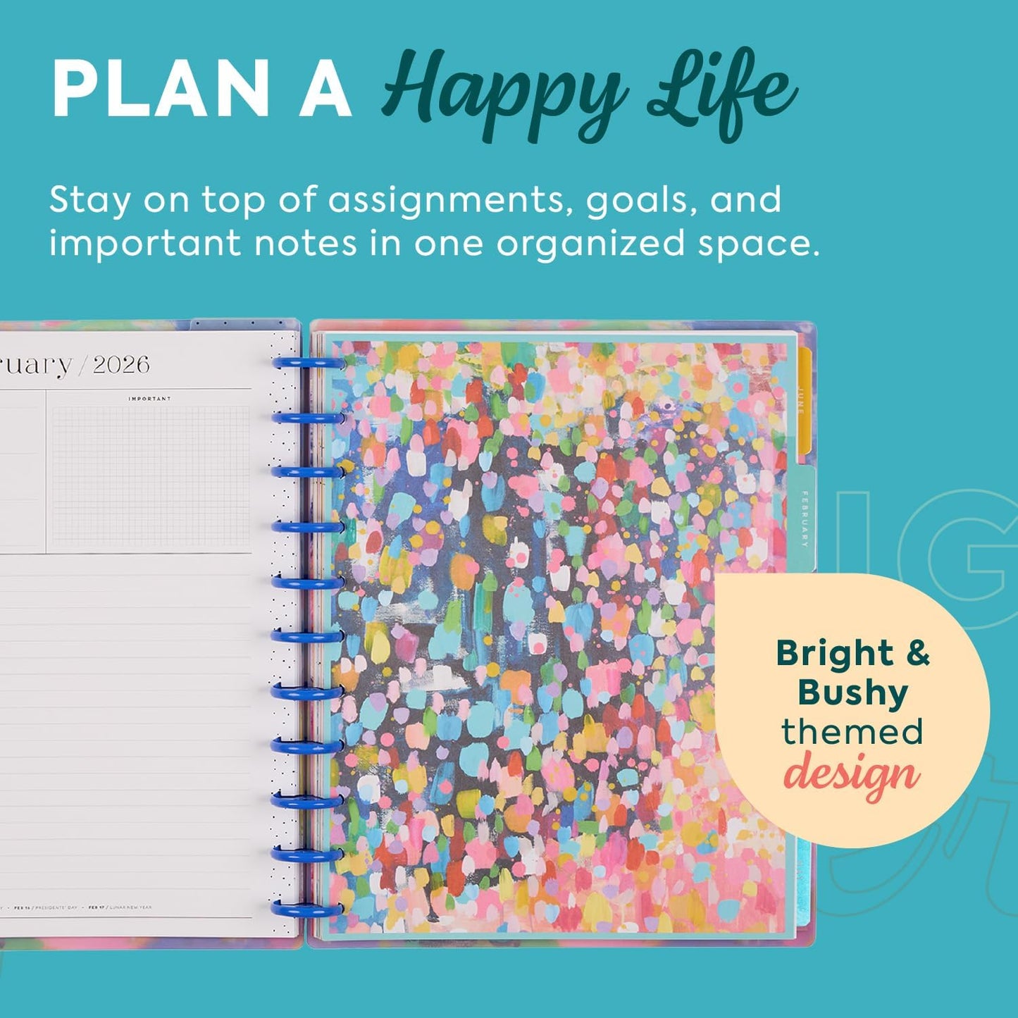 Happy Planner Disc-Bound Planner Jan.–Dec. 2026, Includes 3 Extra Months and 2 Sticker Sheets, Big Size, 8.5" x 11", Dashboard Layout, Bright & Bushy