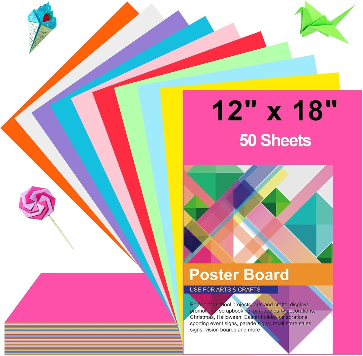 50 Pcs Poster Board Colorful Paper 12x18, ROOKEA Vision Boards Bulk Blank Graphic Display Posterboard Card Paper for Kids School Classroom Arts Craft Projects Drawing Scrapbooking