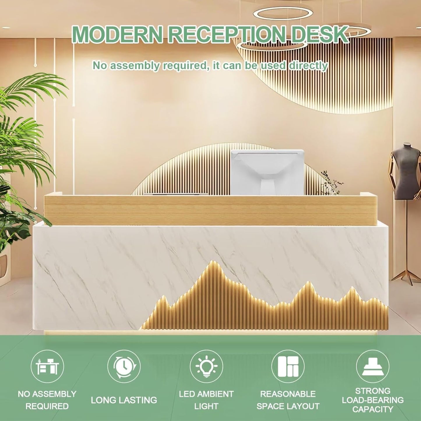 Reception Desk Modern Front Office Desk Reception Counter Receptionist Room Tables with Lock Drawer Checkout Cashier Counter for Lobby Beauty Salon, No Assembly Required White and Wood 87inch