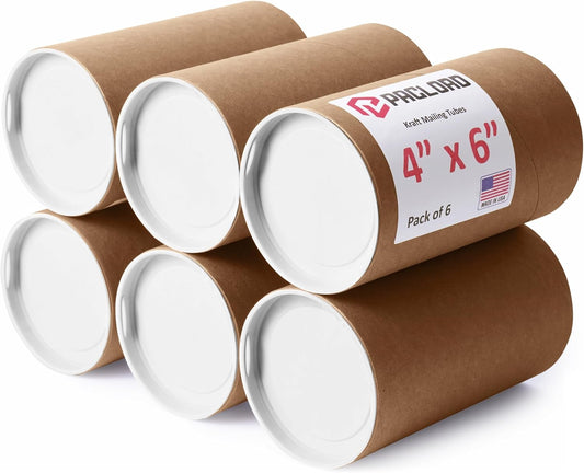 4" x 6" Reinforced Kraft Paper Mailing Tubes, Pack of 6 Tubes with 2 Caps Each – USPS Approved Poster Tube – Made in USA Cardboard Tube for Shipping and Storing Posters, Prints, Artwork, or Documents