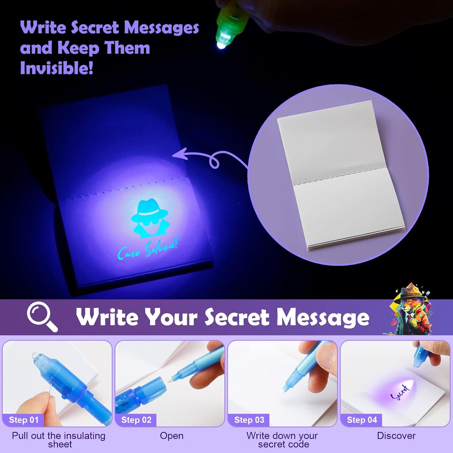 32Pcs Invisible Ink Pen with UV Light, Mini Notepads & Favor Bags, Spy Pens, Top Secret Message Magic Marker, Party Favors for Kids 8-12, Class Prizes, Detective & Escape Room Themes