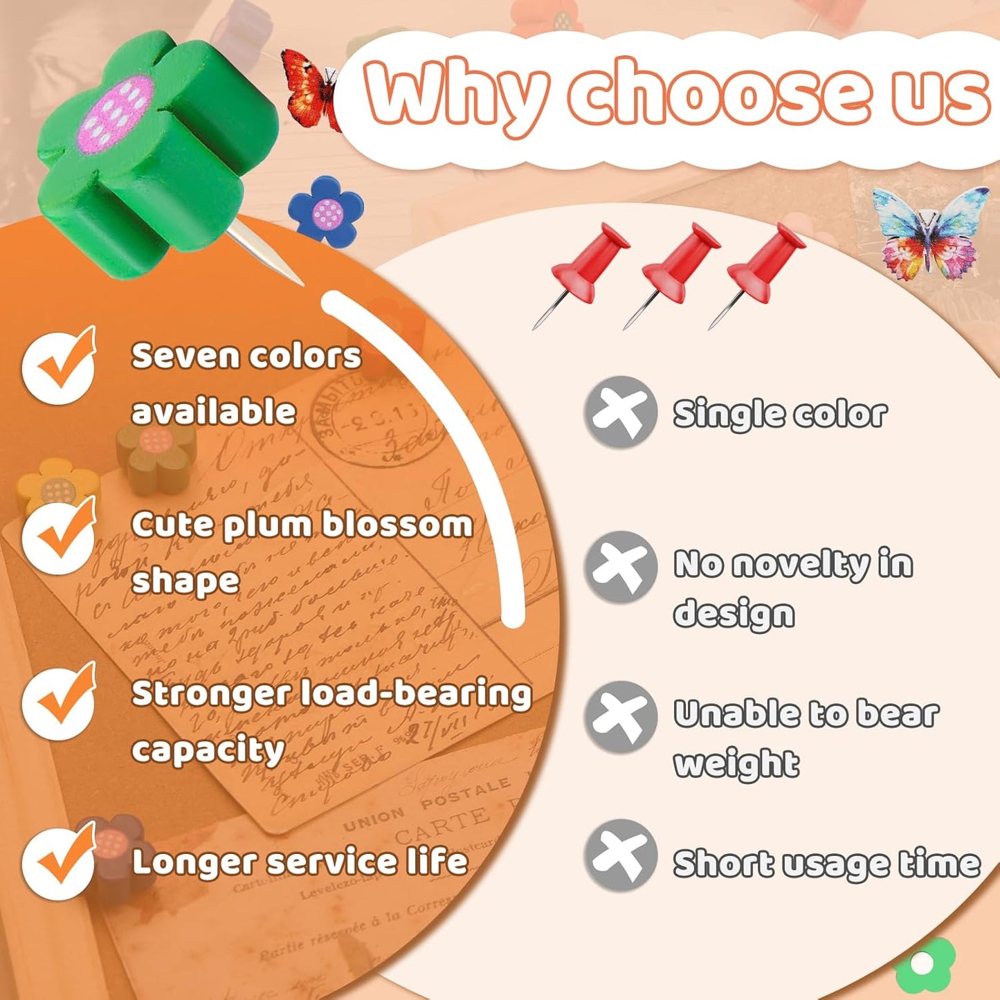 80 Pcs Push Pins for Cork Board, Decorative Thumb Tacks Wooden Push Pins Head Pin Wood Map Tacks Pin, Wood Thumb Tacks for Bulletin Boards Craft Projects with Storage Box-Flower and Butterfly