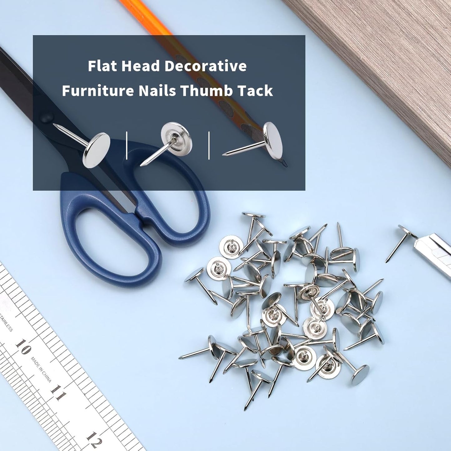 200Pcs Flat Head Upholstery Tacks Home Furniture Decor Tack Upholstery Nails Flat Push Pins Flat Thumb Tacks Silver (11mmx17mm)