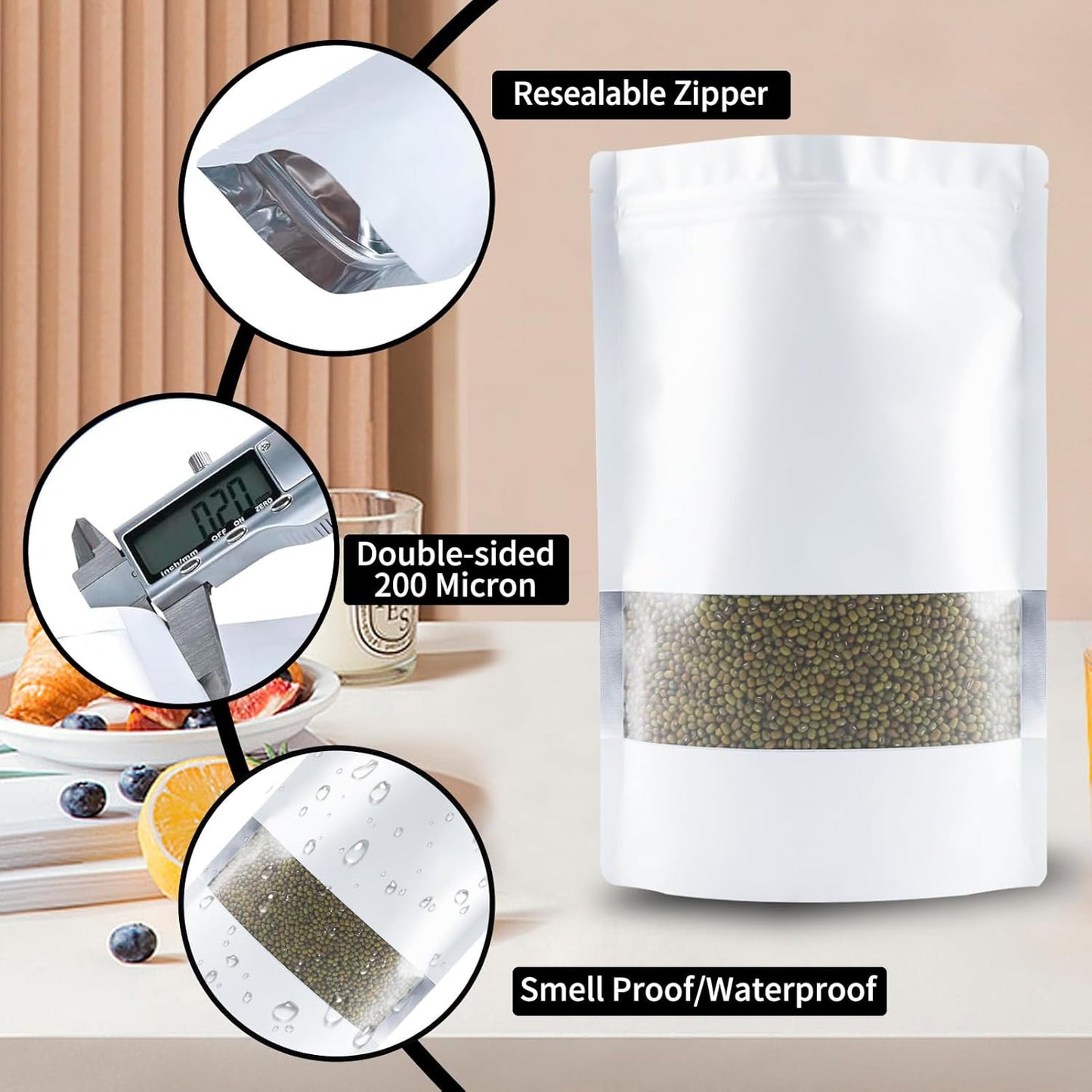 100 Pack Smell Proof Bags, Resealable White Mylar Bags with Matte Window, Foil Pouch Stand Up Sealable Bags for Packaging, 3.93 × 5.9 Inch