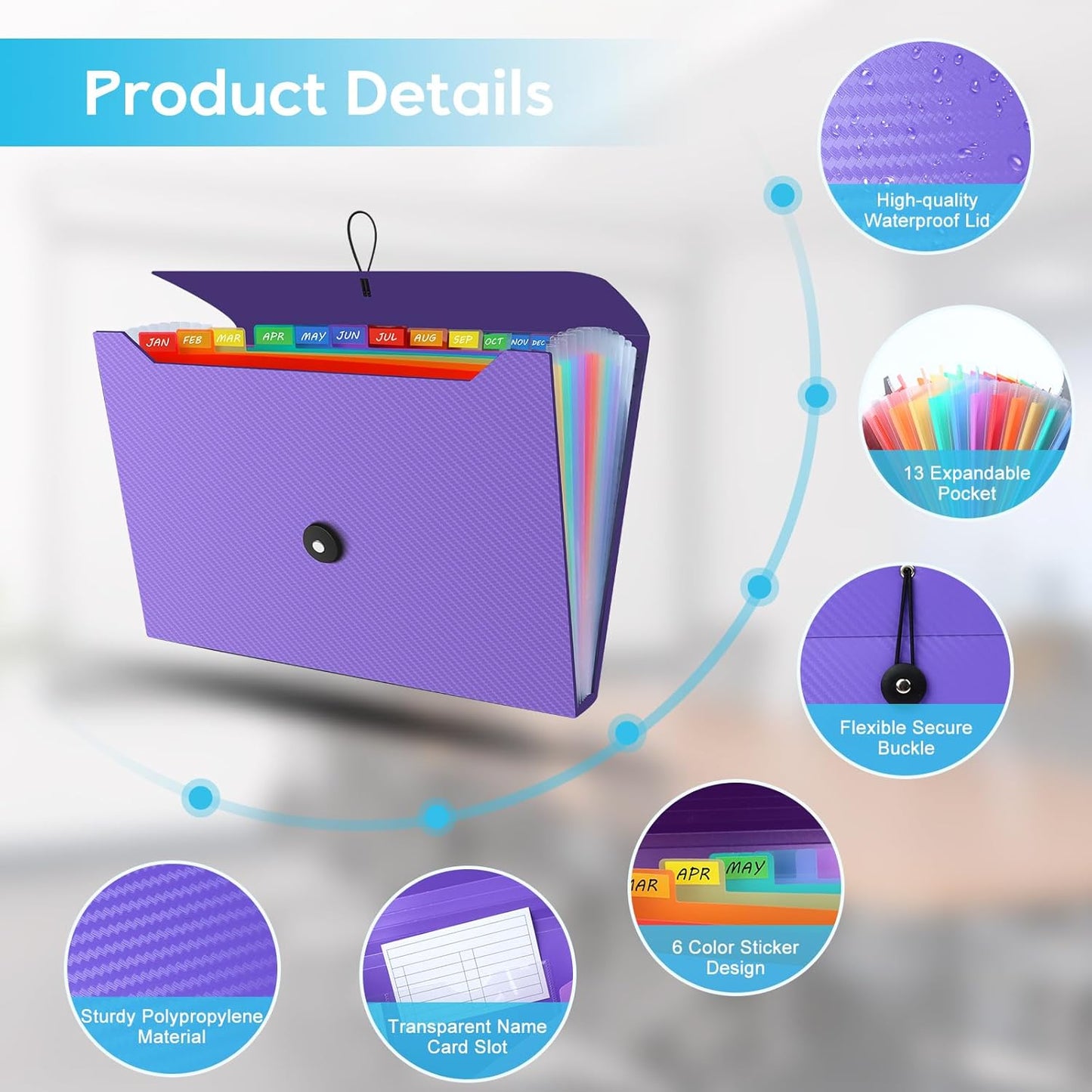 Accordion File Organizer, Expanding File Folder for Sorting Documents and Papers, 13 Pockets File Storage Organizer for Home, Travel and Office Use (Purple)