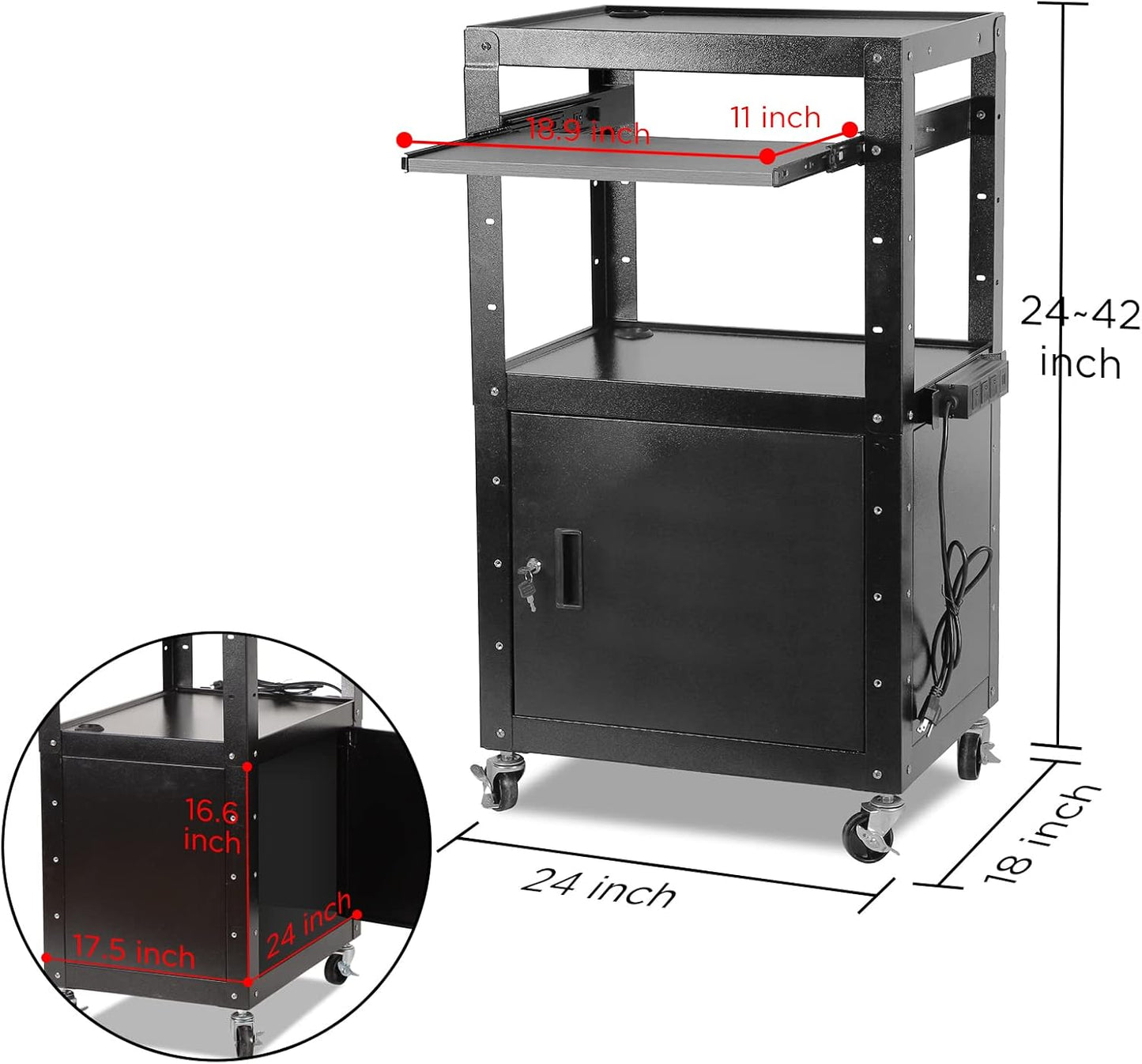 AV Carts, Rolling Presentation Cart Station, Height Adjustable Media Cart for Video Projector, TV, Printers, Computers with 1 Storage Locking Cabinet, 1 Sliding Keyboard Tray, 3 Outlets, 2 USB Ports