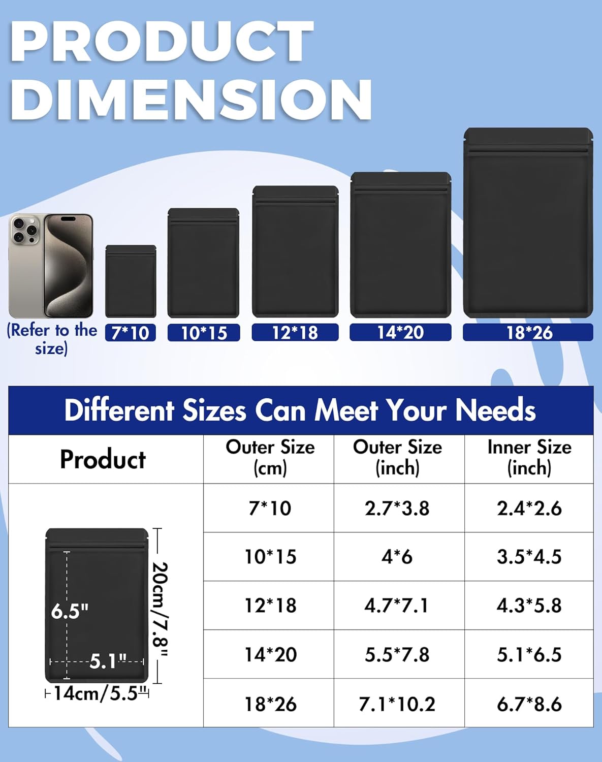 100 Pack Resealable Packaging Bags for Small Business Double-Sided Color Smell Proof Bags for Food Storage Flat Bags (Black, 5.5" x 7.8")