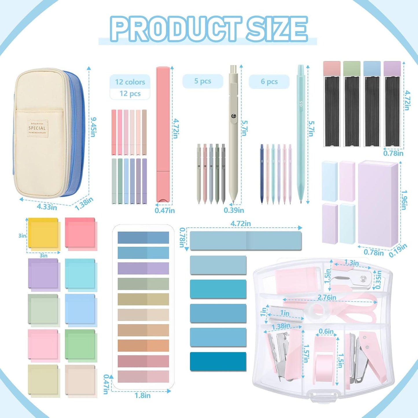 60 Pcs Aesthetic Book Annotation Kit School Supplies Cute Pencil Case with Highlighter Gel Pen Mechanical Pencil Magnetic Bookmarks Transparent Sticky Note Tabs Student Stationary(Light Blue)