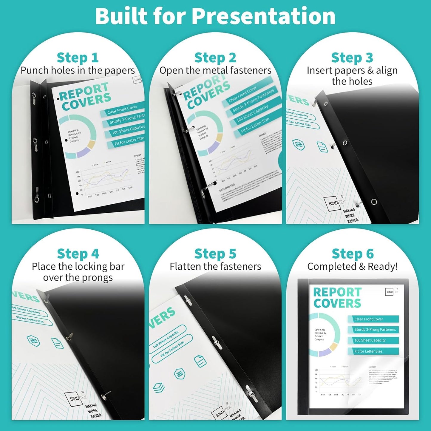 Binditek 48 Pack Clear Front Report Covers with 3 Prongs, 100-Sheet Capacity, Plastic Report Folder, with 3 Metal Fasteners, for Letter Size, Black and Navy, Office Supplies