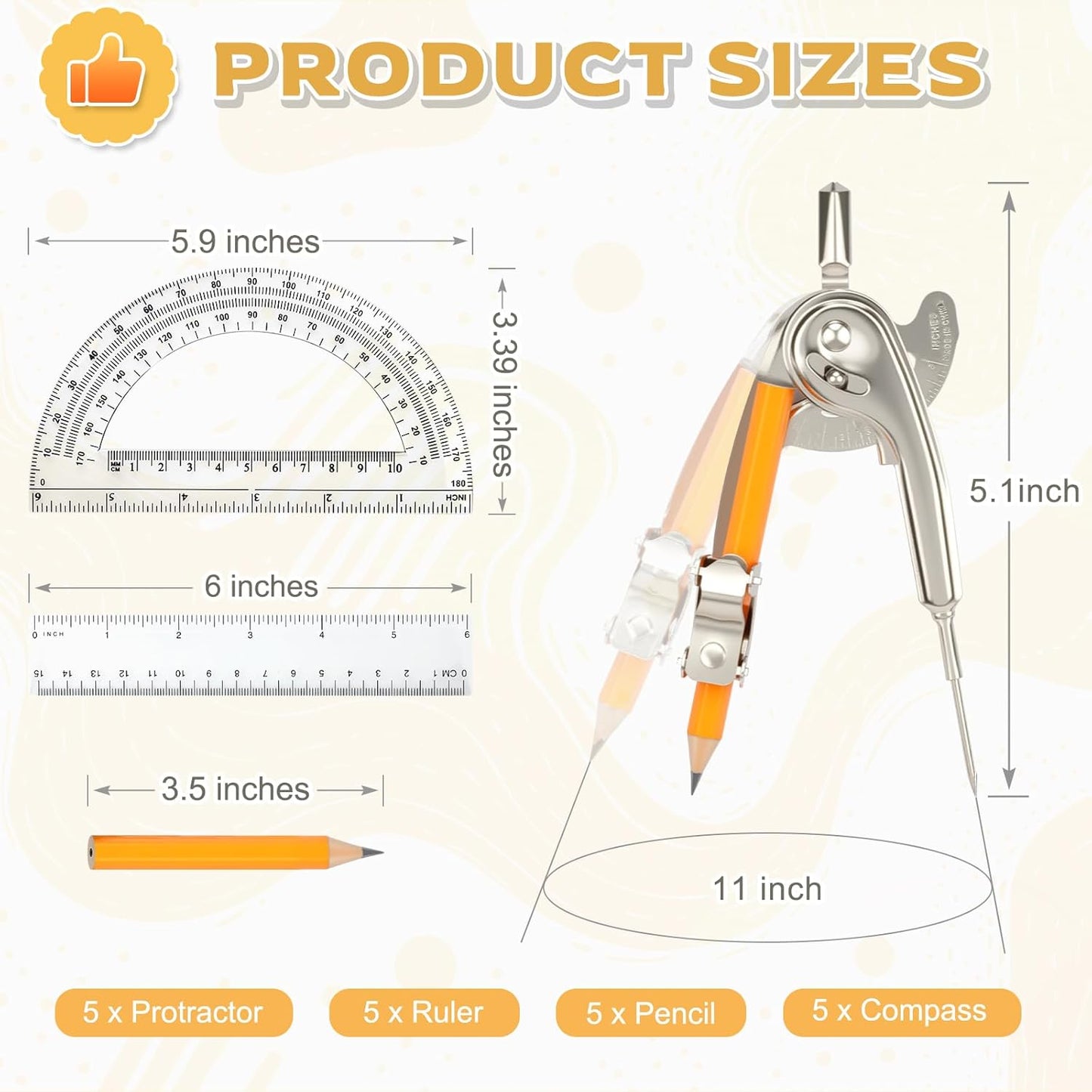 20 Pieces Geometry Math Set Compass for Geometry Math Compass and Protractor Set Include Metal Compass with Pencil Plastic Ruler and Protractor for Student School Office Woodworking Drawing Tools