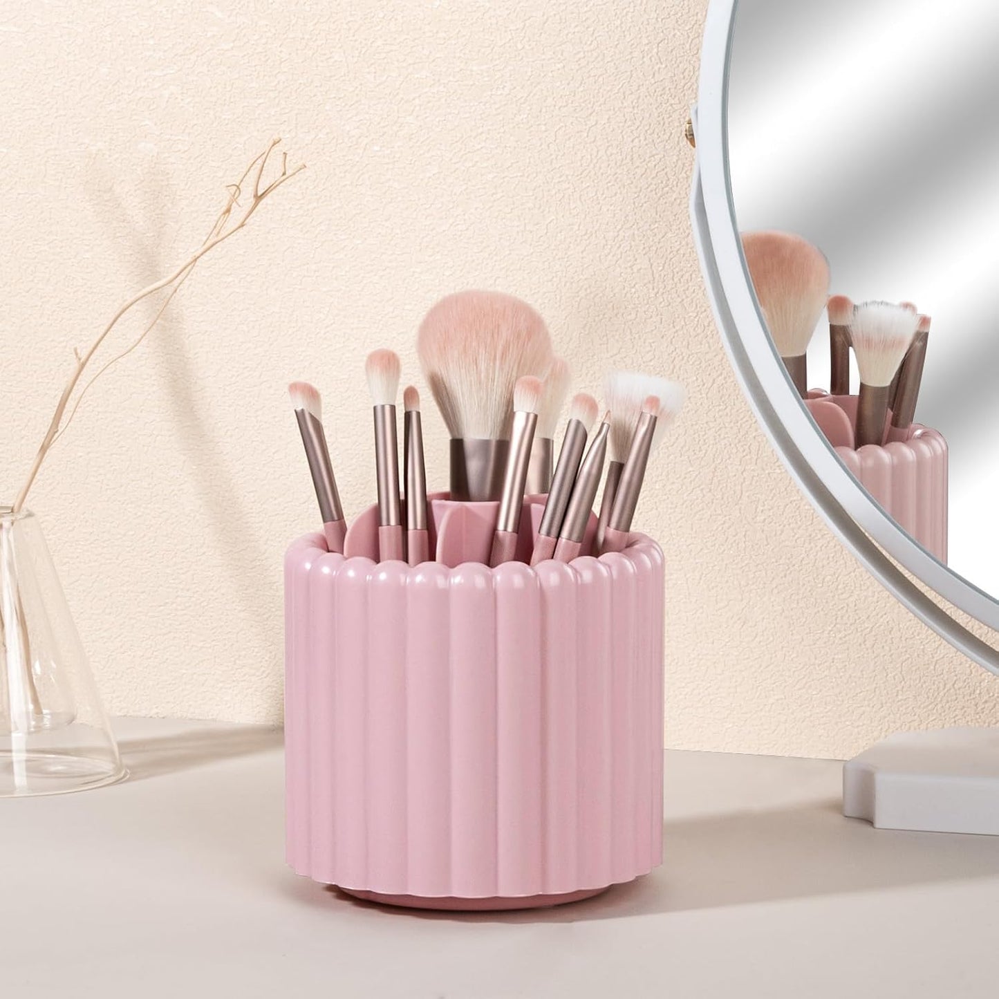 Anyoifax 360 Rotating Makeup Brush Holder 7 Slots Make Up Brush Organizer Removable Spinning Cosmetic Brushes Storage Pen Holder for Vanity, Dresser, Desk, Pink