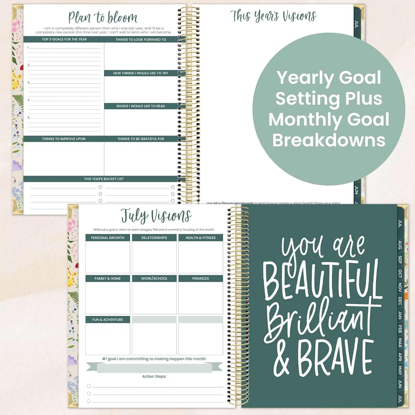 bloom daily planners 2025-2026 Hardcover Academic Year Goal & Vision Planner (July 2025 - July 2026) - Monthly & Weekly Calendar Agenda Organizer - 7.5" x 9" - Garden Party, Beige