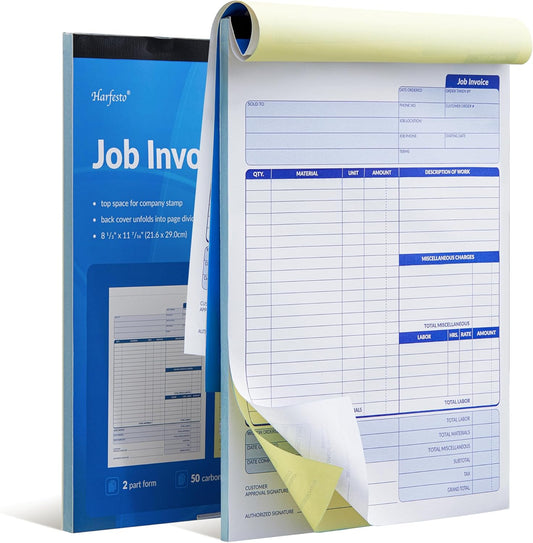 Job Work Order Forms, Large Size Contractor Invoice Book 8-1/2" x 11-7/16", Invoice Receipt Book for Small Business, 2-Part Carbonless Forms, 100 Sets (2 Books)