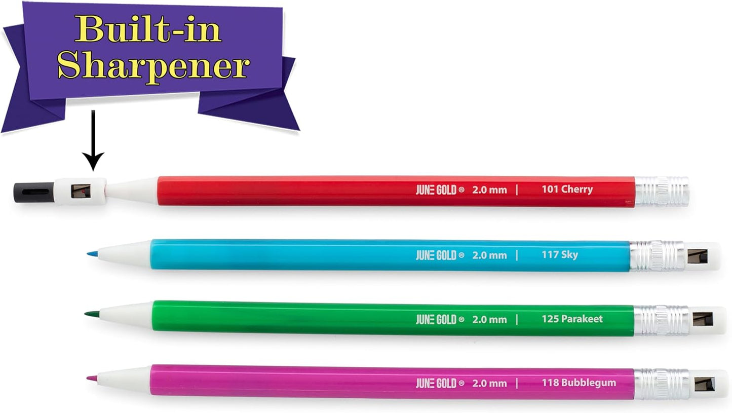 June Gold 36 Assorted Colored 2.0 mm Mechanical Pencils with 36 Unique Color Leads, Color Name is Printed on Each Pencil Barrel, Built in Rear Sharpener