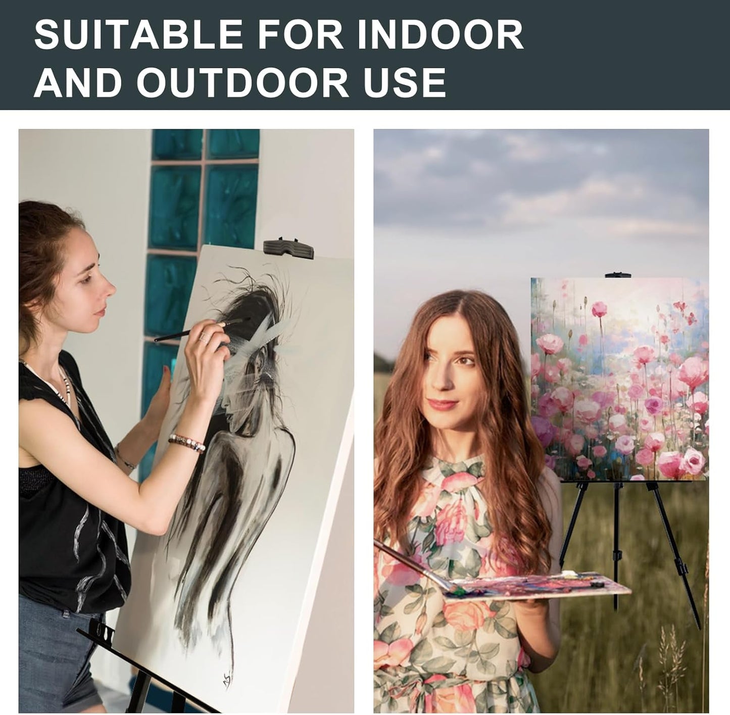 AROIC 1 Pack Art Painting Display Easel Stands,Portable Adjustable Aluminum Metal Tripod Artist Canvases Height from17 to 66 Inch Extra Sturdy forTable-Top/Floor Painting. Black with 1 Storage Bag