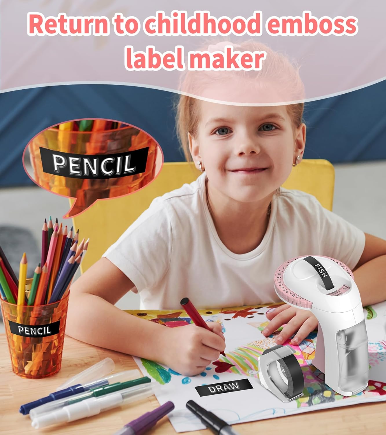 Embossing Label Maker Machine with Tapes, Vintage Embossed Label Maker, Retro Embossing Machine with 10 Rolls 9mm 3D Embossing Label Tapes for Home Office Kids DIY Crafting School, Pink