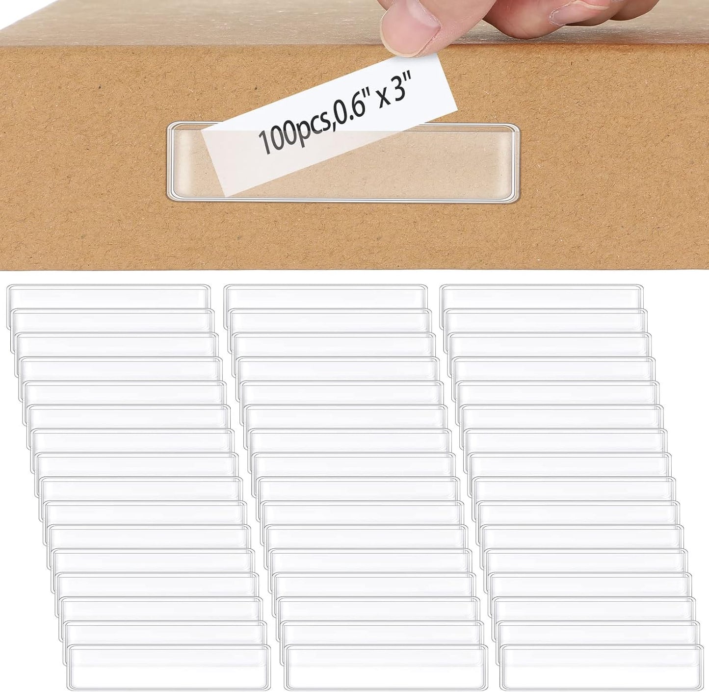 Jeyiour 100 Pcs Label Holders Adhesive Nameplate Pockets Storage Bin Labels Index Card Holder Shelf Plastic Peel Stick for Classroom Supermarket Bookshelf Library Student Box Drawer (3 x 0.6 Inch)
