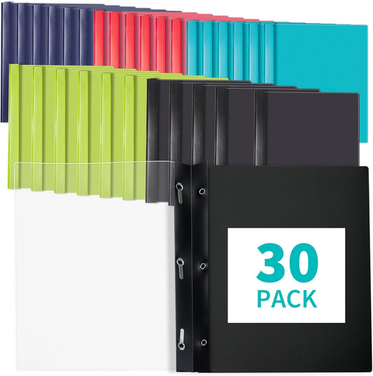 Binditek 30 Pack Clear Front Report Covers with 3 Prongs, 100-Sheet Capacity, Heavy-Duty Plastic Report Folder with Color Back Covers, 3 Metal Prongs Fasteners, for Letter Size, 5 Assorted Color