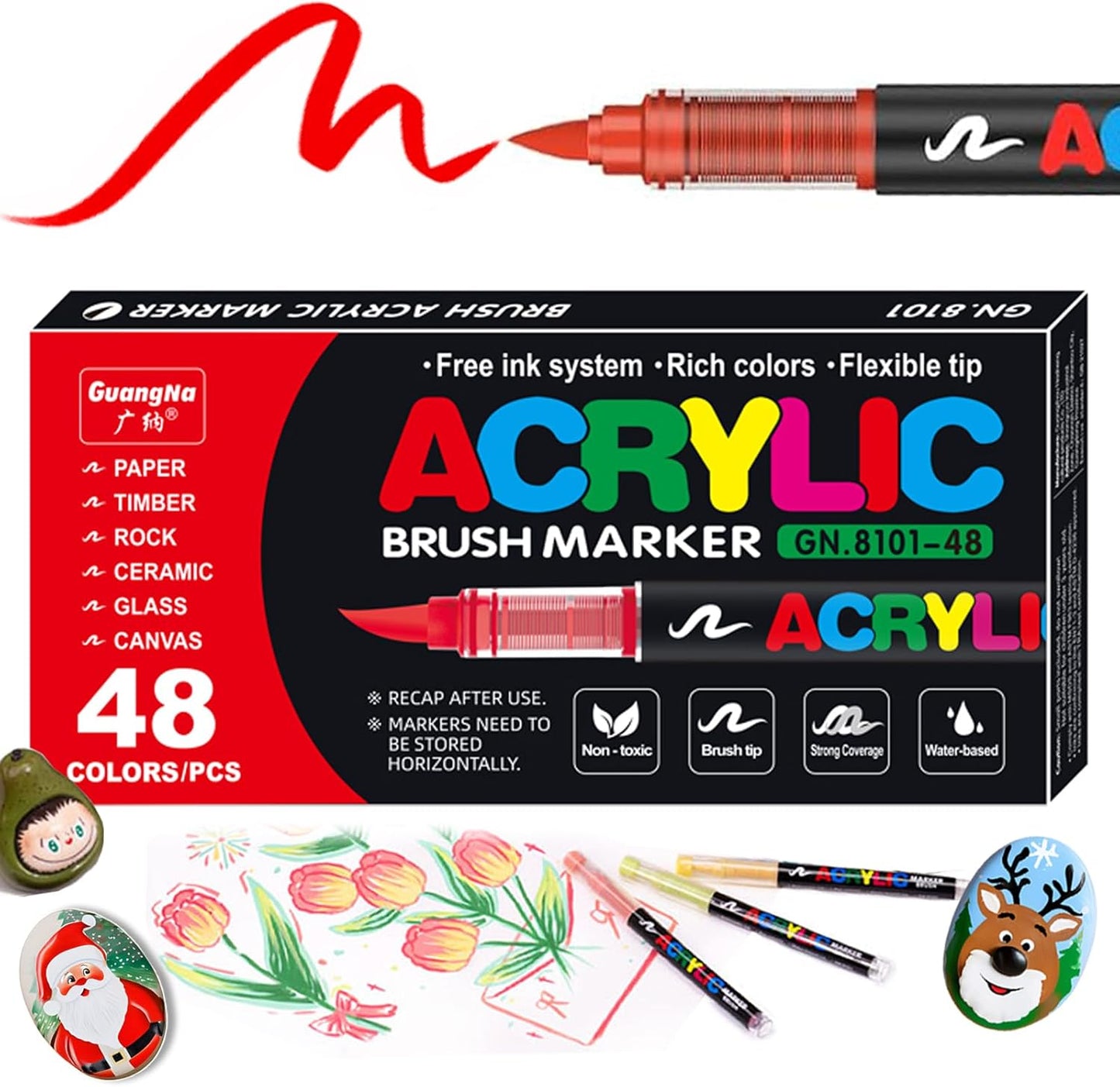 48 Color Acrylic Paint Pens, Soft Brush Tip Acrylic Paint Markers,Quick-Drying Waterproof Acrylic Markers for Canvas, Rock Painting, Wood, Stone, Glass, Ceramic, Fabric Painting, DIY Crafts