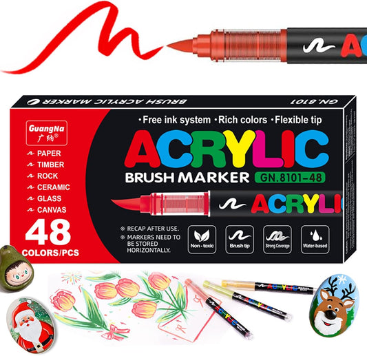 48 Color Acrylic Paint Pens, Soft Brush Tip Acrylic Paint Markers,Quick-Drying Waterproof Acrylic Markers for Canvas, Rock Painting, Wood, Stone, Glass, Ceramic, Fabric Painting, DIY Crafts