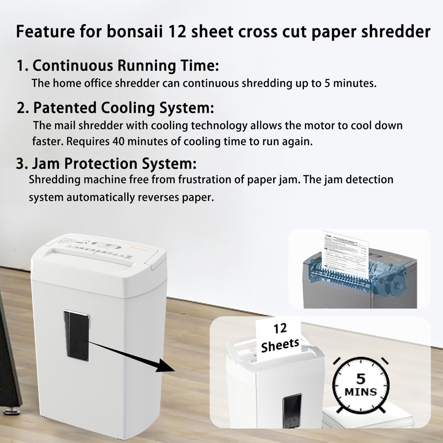 Bonsaii 12-Sheet Cross Cut Shredder, P-4 High Security Shredding, 5.5 Gal, Heavy Duty for Home Office, Shreds Paper, Credit Card, Mail, Staples, with Transparent Window, White