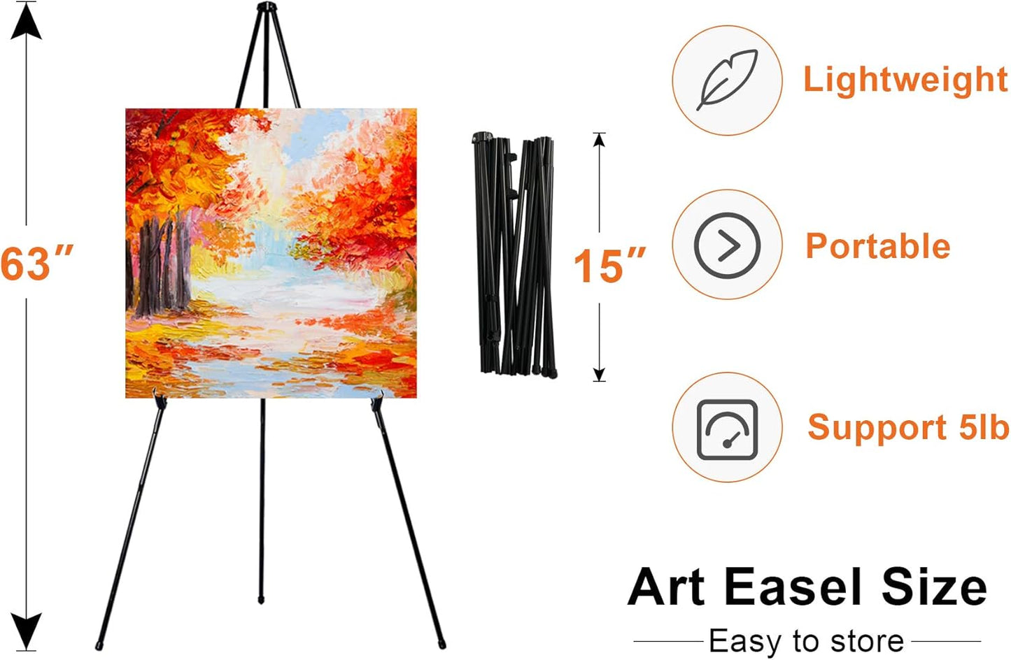 63" Folding Easel Stand for Display,Adjustable Floor Poster Easel for Arts,Pictures,Paintings,Telescoping Black Metal Easel Fit for Signs at Exhibition,Lobby,Holds 5lbs,6Pack