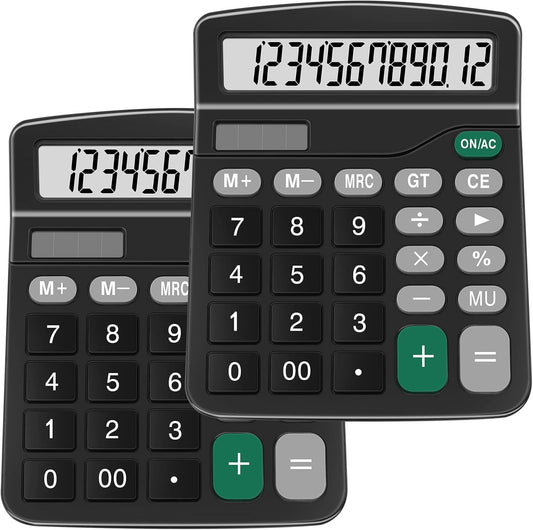 Calculators, Splaks 2 Pack Standard Functional Desktop Calculators Sola and AA Battery Dual Power Electronic Basic Calculator with 12-Digit Large Display for Office, Home, School (2 Black)