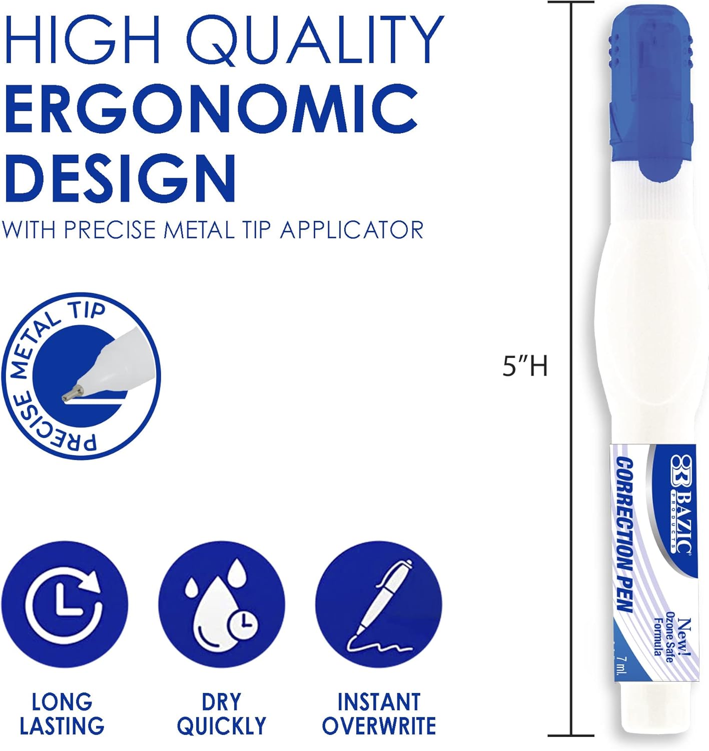 BAZIC Correction Pen, Precise Metal Tip Applicator, Fine Point Corrections Fluid, White Out Wipe Out Liquid (2/Pack), 1-Pack