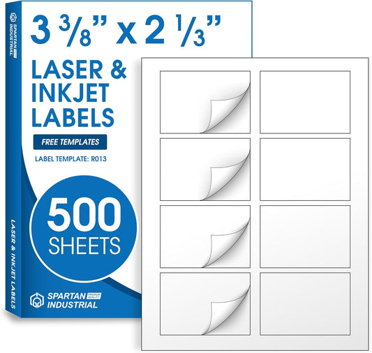 3 3/8" X 2 1/3" Matte White Name Tag Labels Compatible with Inkjet and Laser Printers - 500 Sheets, 4000 Total Paper Stickers - Spartan Industrial