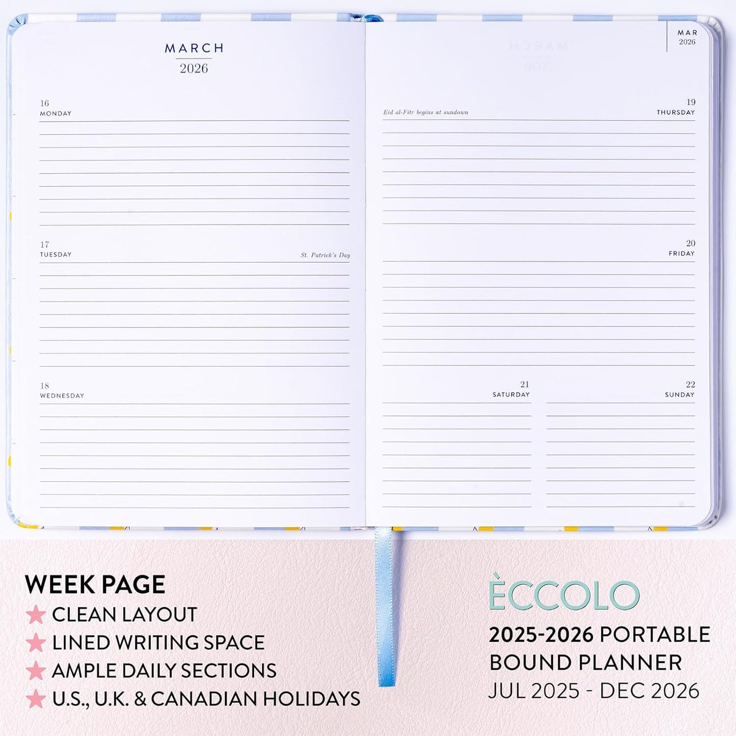 2025-2026 Eccolo 18 Month Bound Planner, Monthly & Weekly Pages (5.25 x 7.75" - July 2025 - Dec 2026 - Lemon Blue Stripes)