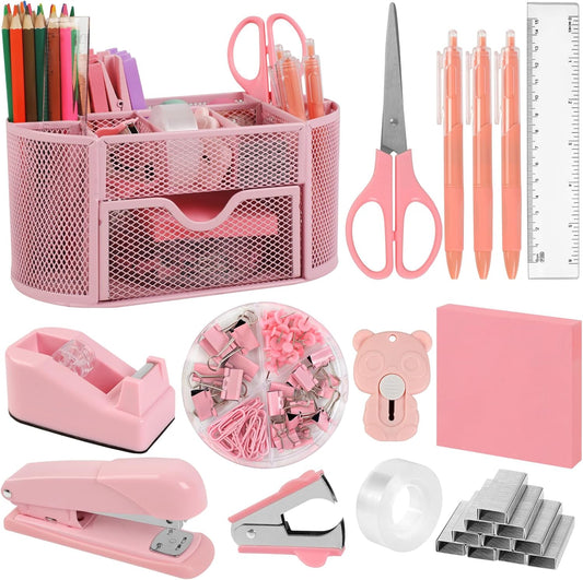 Office Supplies for Desk,14pcs Pink Desk Sets and Accessories, Office Supply Kit with Mesh Desktop Organizer and Stapler,Staple Remover, Staples,Tape Dispenser,Sticky Tabs,Scissors, Ruler