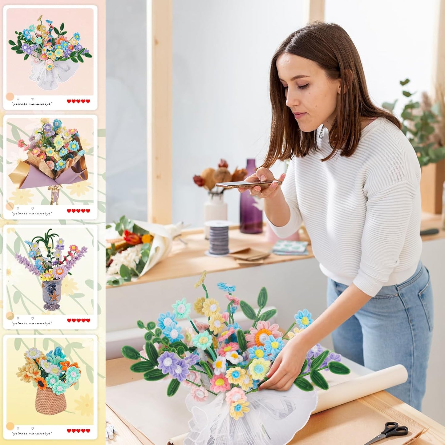 500 PCS Pipe Cleaners Craft Kit for Flower Making Daisy DIY Material Bundle with 20 Stems, 100 Stamens, Ribbon, Tulle, Glue Sticks & Step-by-Step Guide - Vibrant Colors, Non-Shedding, Fade-Resistant