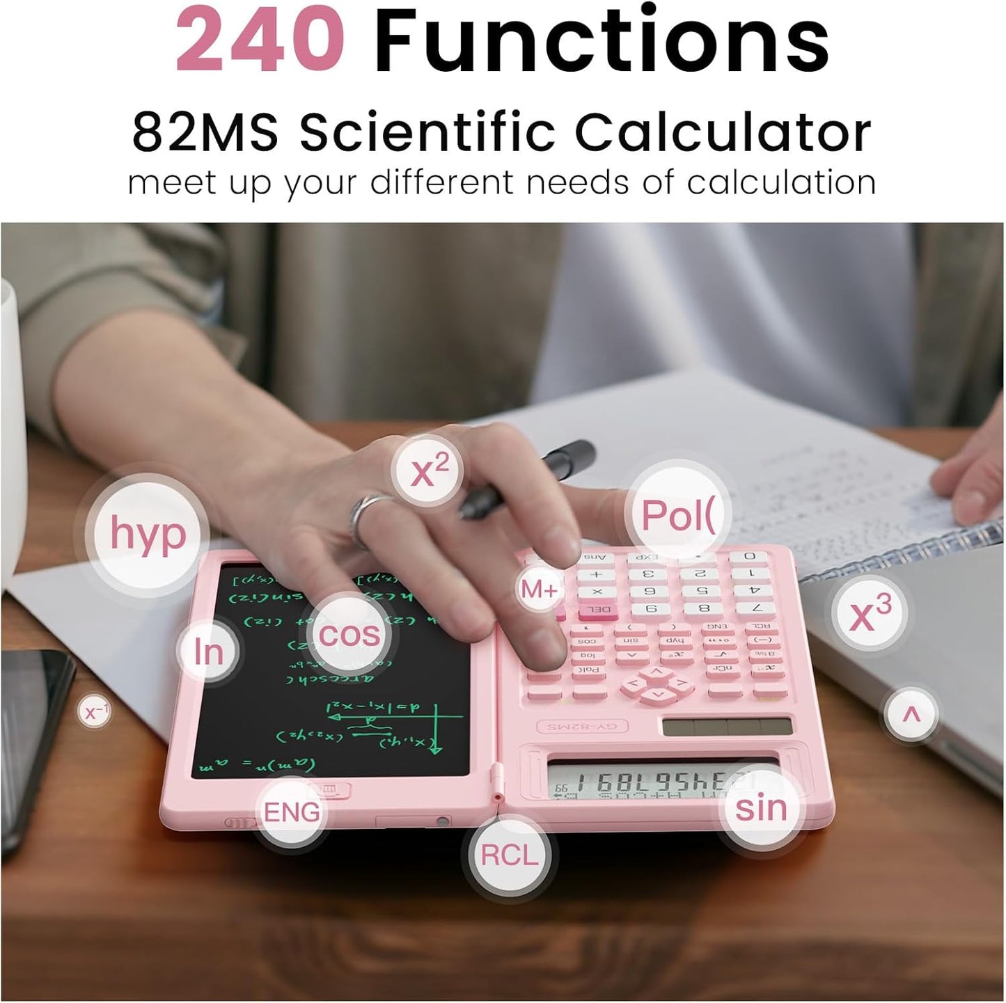 Scientific Calculators for School with Notepad, ROATEE Pink Cute School Supplies for Girls Middle and High School Stuff for Student, 240 Functions 82 MS Foldable 2-Line Display Solar and Battery Power