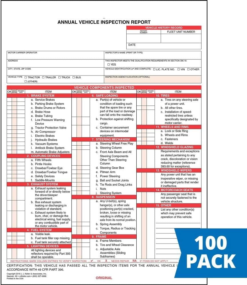 J. J. Keller 100-Pack, Annual Vehicle Inspection Report Forms, 3-Ply Carbonless Form, DOT Compliant
