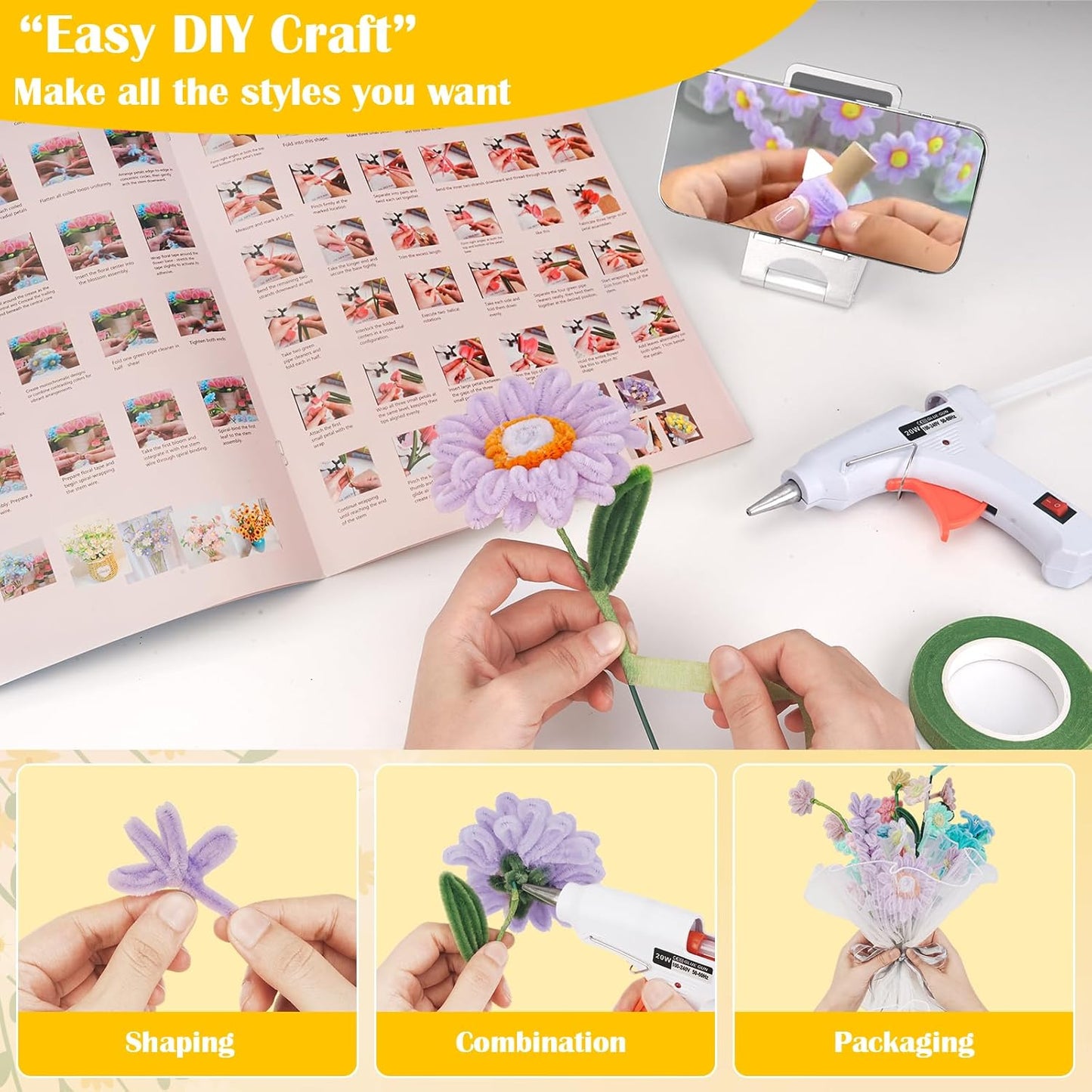 500 PCS Pipe Cleaners Craft Kit for Flower Making Daisy DIY Material Bundle with 20 Stems, 100 Stamens, Ribbon, Tulle, Glue Sticks & Step-by-Step Guide - Vibrant Colors, Non-Shedding, Fade-Resistant