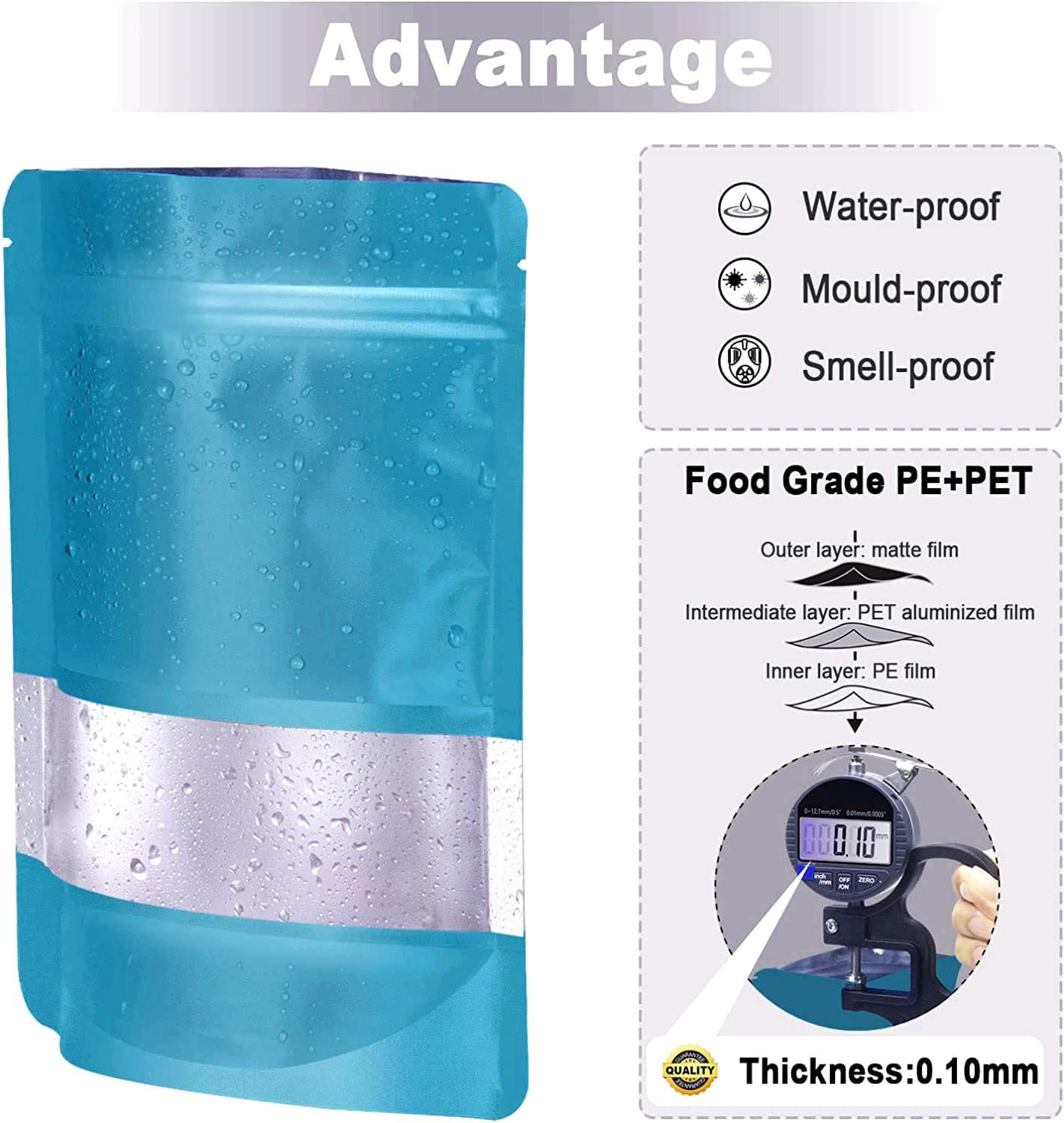 5.9"x8.6" 120pcs Mylar Bags for Food Storage,Smell Proof Bags with Matte Window Resealable Food Storage Bags for Small Business, Stand-up Foil Pouch Packaging Treat Snack Bags for Self Sealing（Blue）