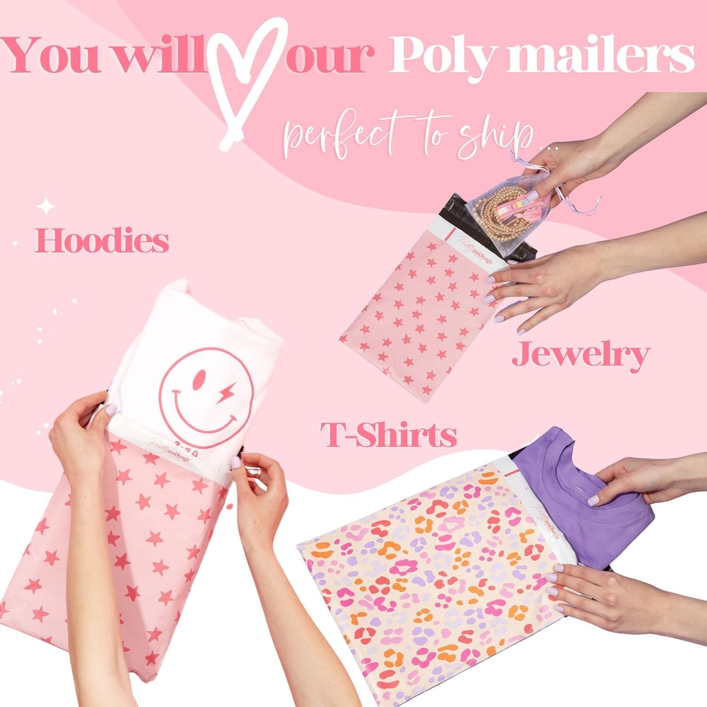 14.5x19 Designer Poly Mailer 100 Pack Heavy Duty Waterproof Self Seal Shipping Bags for Small Business Large Mailing Envelopes Bulk Tear Resistant Packaging Pink Bows Coquette